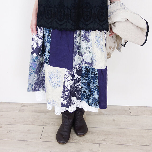 リネンパッチティアードスカート（ノクターン） - 蒼の調べ -