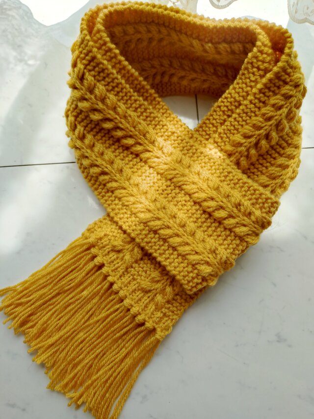 マフラー アラン模様 お花 柄 模様 マスタード からし色 棒針 手編み 編み物 編み
