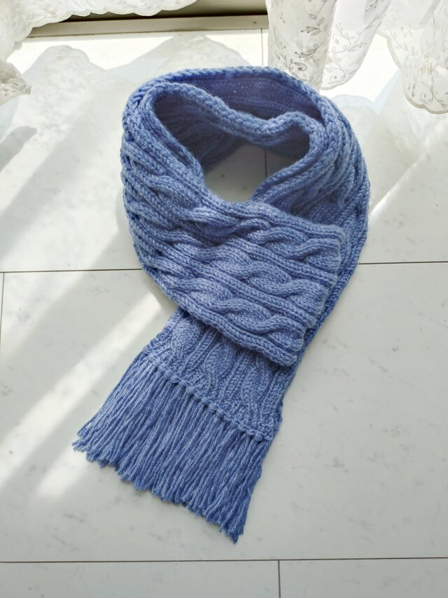 今年の新作】マフラー アラン模様 縄編み 棒針 柄 模様 ブルー