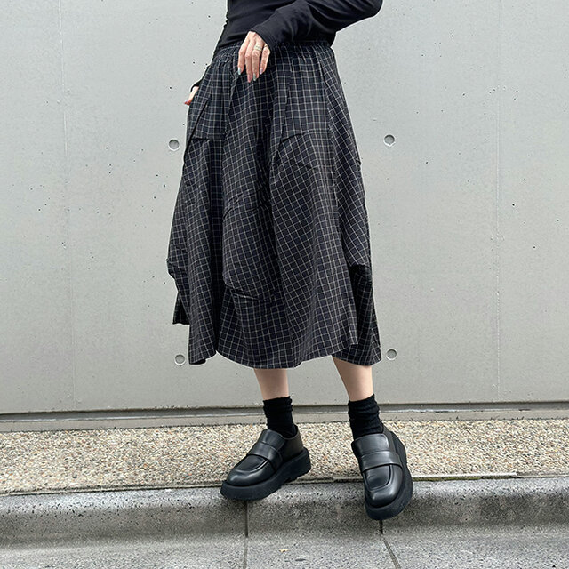 新作❤︎総ゴム仕立てチェック柄アシンメトリー変形スカート25043GAF