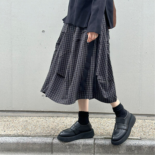 【美品】慈雨　ロング丈スカート・変形・アシンメトリー・ゴムウエスト・チェック柄 美品】慈雨 ロング丈スカート・変形・アシンメトリー・ゴム
