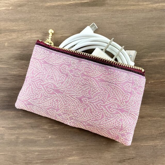 【エスニック】畳縁　ぺたんこ　ミニポーチ　カードケース　小銭入れ　オリエンタル　ピンク　バラ色