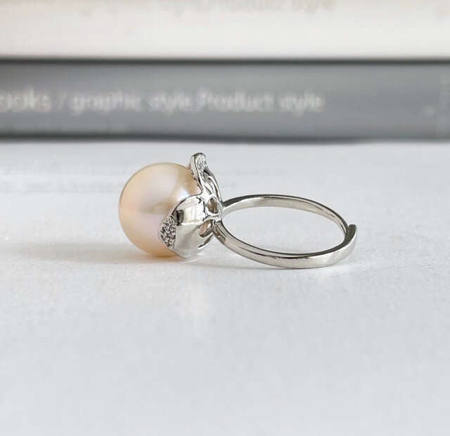 淡水パール 大粒パールのフラワーリング オーロラクリーム 13.5