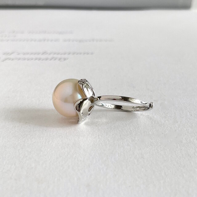 淡水パール 大粒パールのフラワーリング オーロラクリーム 13.5mm