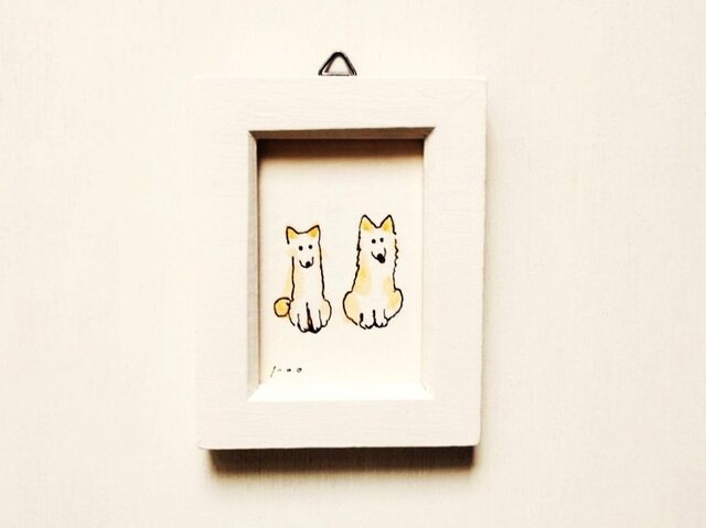 犬イラスト「二匹の犬」原画 ペン画 小さな絵 ※木製ミニ額縁入り 受注