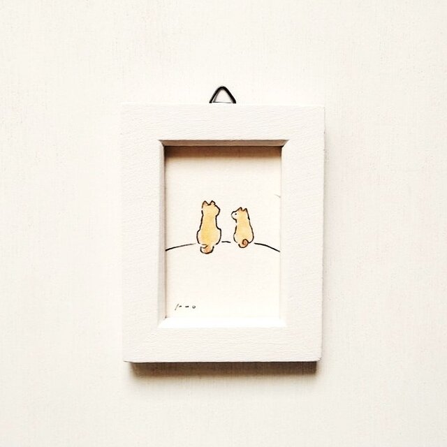 犬イラスト「仲良し2」原画　ペン画　小さな絵　※木製ミニ額縁入り