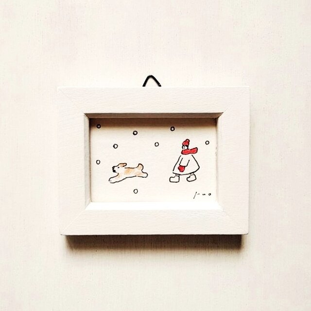 犬のイラスト「雪の日の散歩道」ミニ原画 ※木製額縁入り | iichi 日々