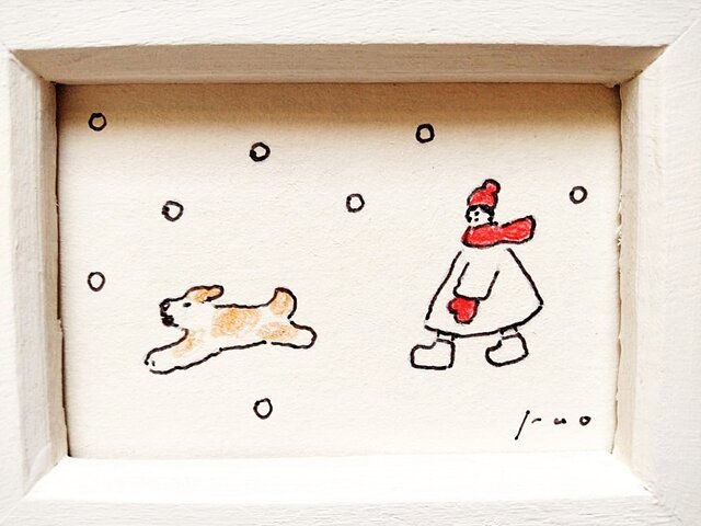 絵画。原画手描き【雪が降る冬、かわいい犬と猫の楽しい写真記念