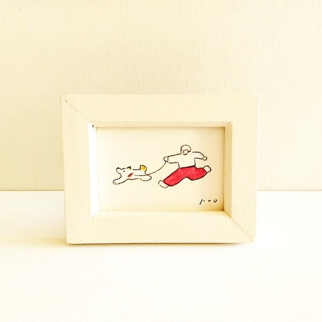 犬のイラスト「仲良し」ミニ原画　※木製額縁入り 　再販