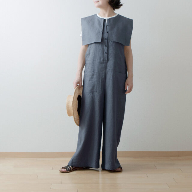 スクエア衿付きリネンオールインワン/グレー | iichi 日々の暮らしを