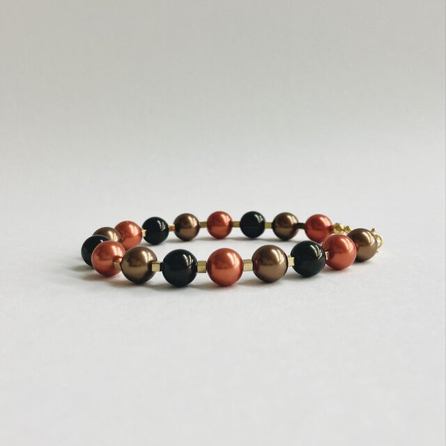 ★Y0302★アンティーク　ブレスレット　テラコッタ　ガラスビーズ 秋色オレンジとブラウンのガラスビーズブレスレット | iichi