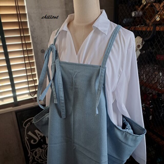 背中がかわいい】エプロンドレス：デニム：スカイブルー【0848