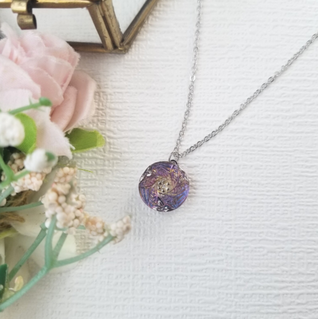 フラワーモチーフのガラスネックレスセット パープル フラワーモチーフ チェコガラスボタン ネックレス cn0606