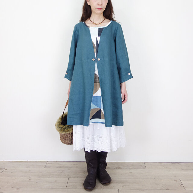 リネンビリジアン切替タックワンピース ― モザイクの記憶 ―