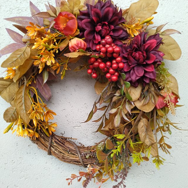大人シックなハロウィンリース グレージュのダリア 秋色リース リース