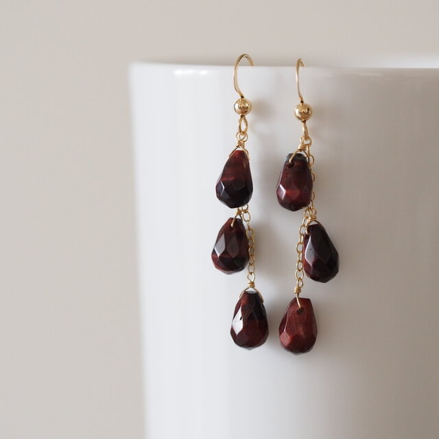 14kgf：赤虎目石の3dropsピアス（イヤリング）　№9198　レッドタイガーアイ