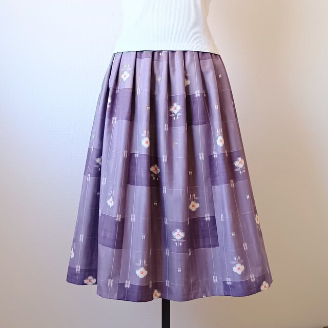 着物リメイク　紬のタックスカート　花絣