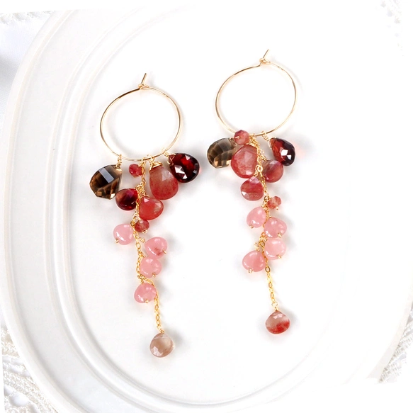 「秋彩のときめき」スモーキークォーツとアンデシン・グァバクォーツ　フープピアス