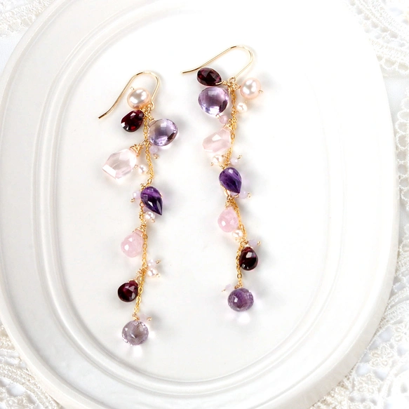 「コスモスの花のように」　アメトリンxアメジストxモルガナイトロングピアス14kgf