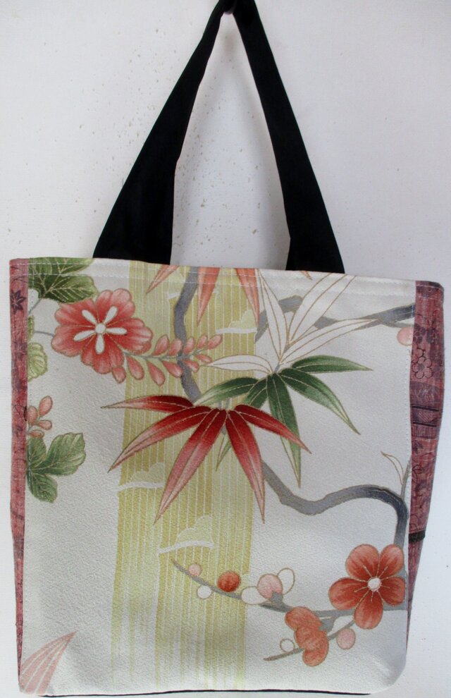 ９３９８　花柄の着物で作った手提げ袋　＃送料無料