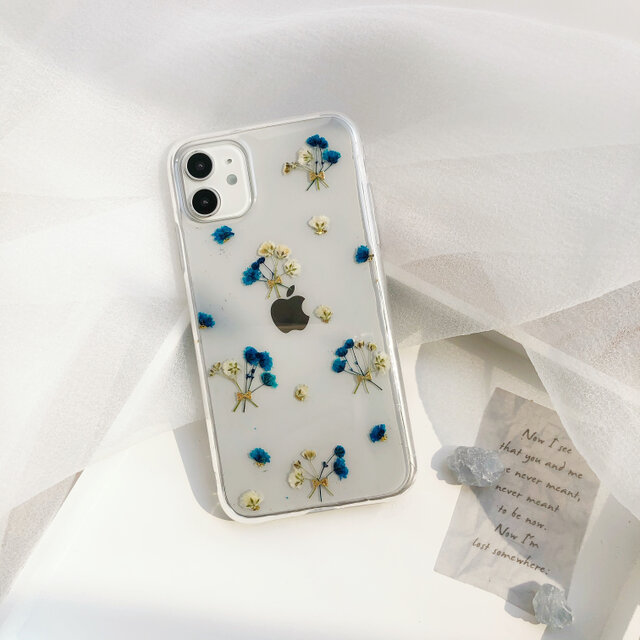 かすみ草ケース iPhone17Pro・16e・Xperia10VI・GalaxyS25ケース 押し花スマホケース