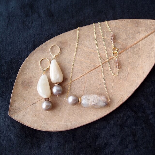 【K14gf】Greige Pearl × Moonstone Necklace／ムーンストーン×パール ペンダントネックレス