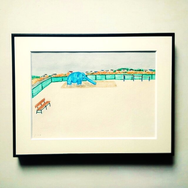原画 絵画 風景画 サイン有 落款あり テクスチャアート 額装 一点物 一点物｜風景画｜原画「青い象のいる広場」※額縁入り（太子サイズ