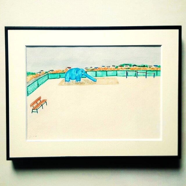 一点物｜風景画｜原画「青い象のいる広場」※額縁入り（太子サイズ）送料無料