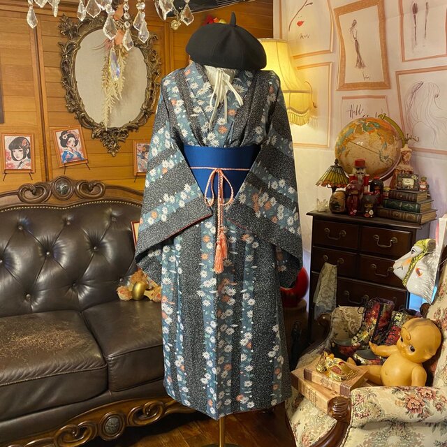 さくら猫【着物リメイク】ロングワンピース、超美品、リボンベルト付、洗える 着物リメイク セミロング ワンピース｜洗える化繊素材＆帯サッシュ