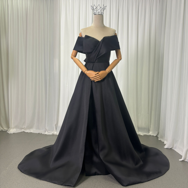 パーティードレス ブラック オフショルダー バックリボン くるみボタン Aライン ミカドサテン 披露宴