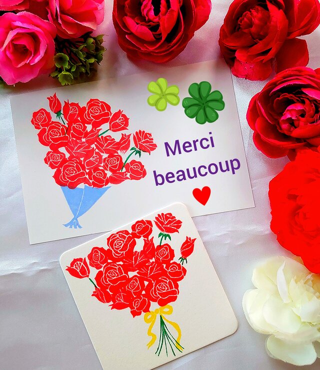 消しゴムはんこ「バラ・薔薇・花束・リボン」9個