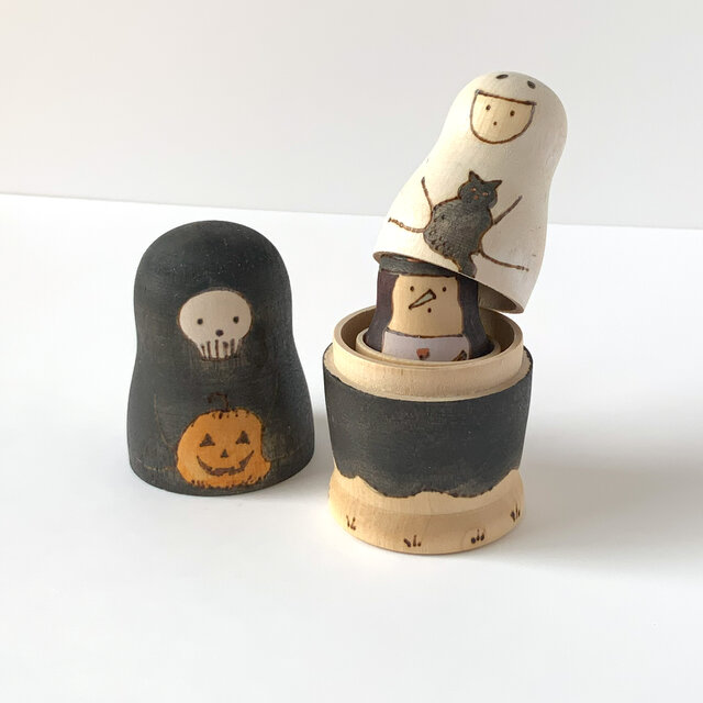 ハロウィンマトリョーシカ C（骸骨、幽霊、魔女の仮装）3個