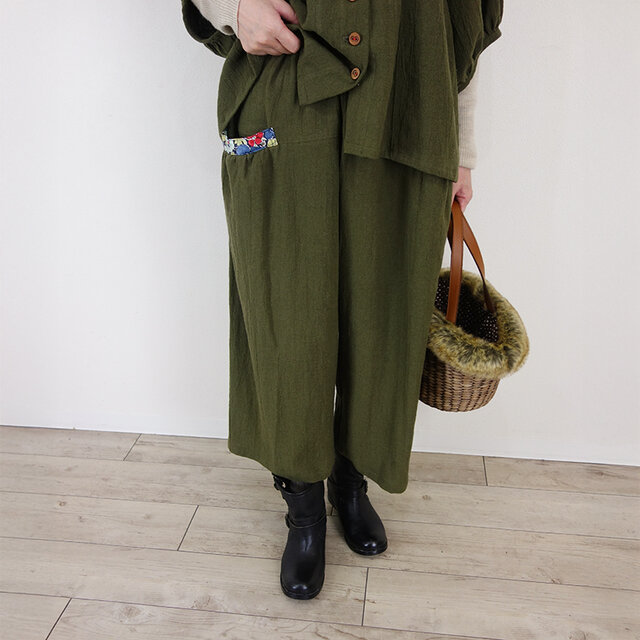 ワッシャーハーフリネンKAKI・リバティポケットの前後切替ふんわりパンツ（セットアップ対応）