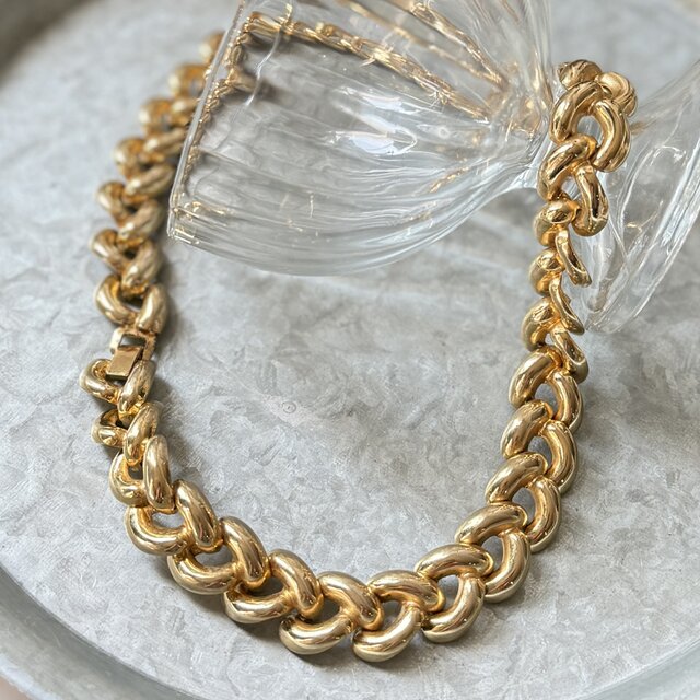 N291-ヴィンテージネックレス U.S.A. 1980s Braided Link Chain Gold Tone