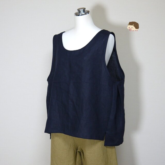 カラーリネン◆ワイドジレ◆ネイビー◆フリーサイズ（中厚、リネン100％）～ジレ・ベスト～