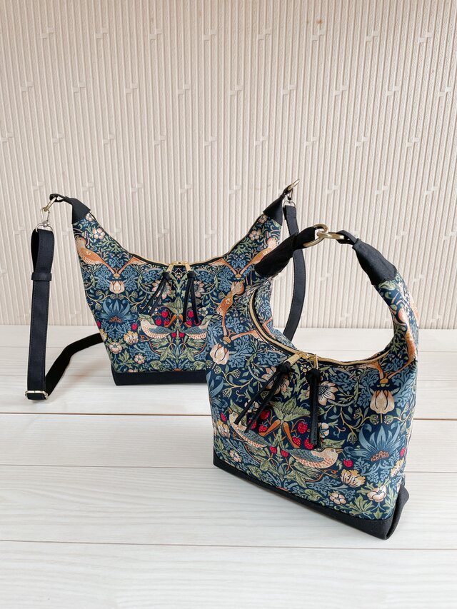 倉敷帆布　ウィリアムモリス　いちご泥棒　2way　ショルダーバッグ　軽量　自立　ホーボーバッグ　ハーフムーンバッグ　