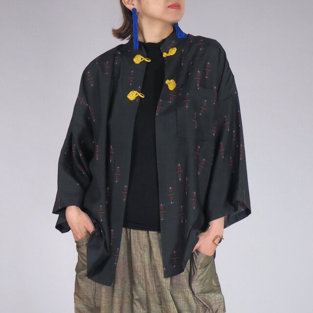 iichi価格★50s アンティーク着物リメイク 絹絣黒五分袖カーディガン チャイナボタン