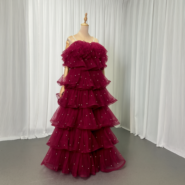 カラードレス チェリーピンク キャミソール ビーズ ティアードのドレス ラッフルフリル 二次会 ロング