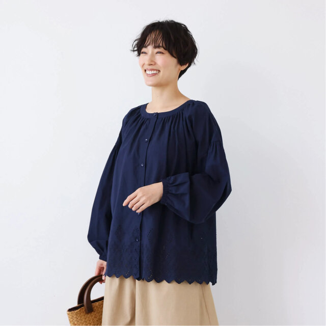レースブラウス　ネイビー 再々〜々々販♪綿100％のレースブラウス 紺ネイビー18009-2 ブラウス