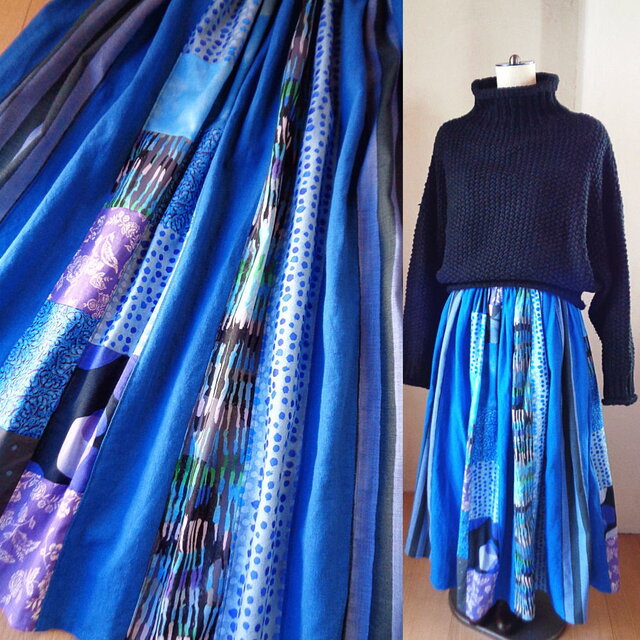 Crystal blue♥小柄さん♥絵画なパッチワーク♥ボリュームギャザースカート♥ロング丈