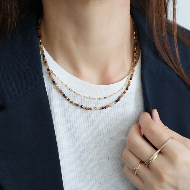 ＼からみにくいネックレス／ 天然石2連ネックレス＜ブラウンmix＞ 簡単マグネットクラスプ