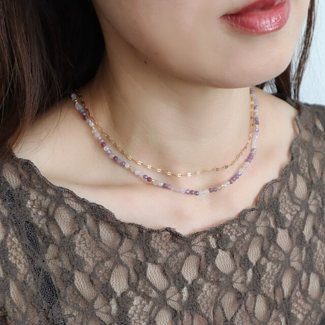 ＼からみにくいネックレス／ 天然石2連ネックレス＜くすみピンクmix＞ 簡単マグネットクラスプ