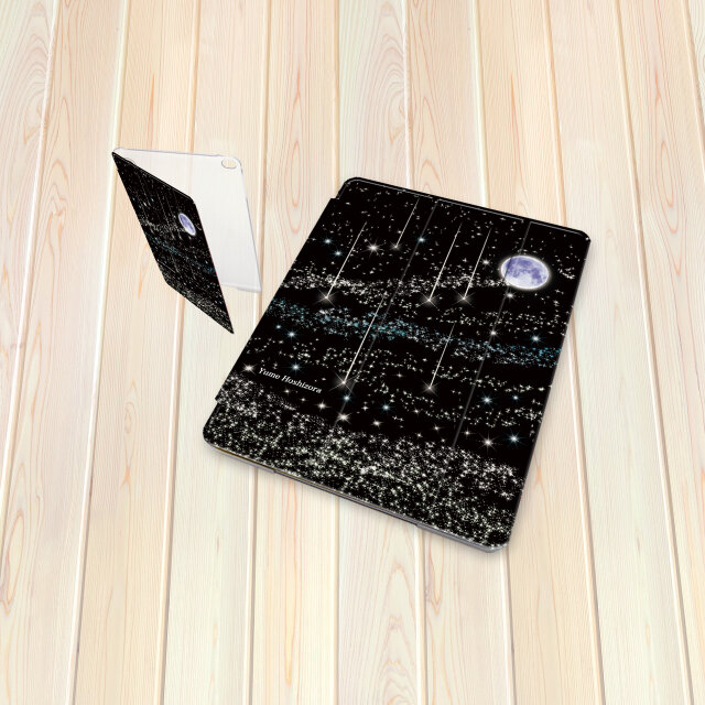 手帳型 iPadケース 【バックカバー：ハードタイプ】片面印刷/カメラ穴有【夢星空（ブラック）】