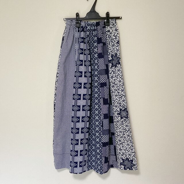 浴衣リメイク Ｌ  パッチワーク ギャザースカート  着物 コットン