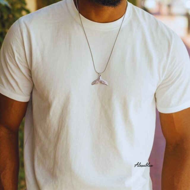 【海を感じる】ホエールテール×オニキス ステンレスロングネックレス｜ユニセックス