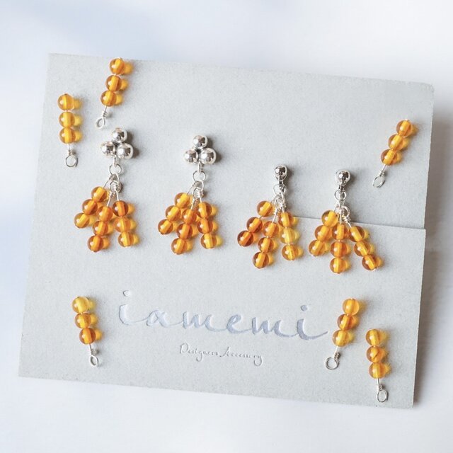 「みたらし団子」ピアス イヤリング 天然石 アンバー 琥珀 秋 シルバー silver925 金属アレルギー対応