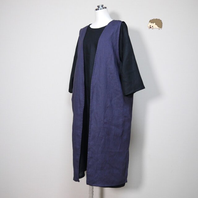さらっとリネン◆ロングジレ◆グレープ◆フリーサイズ（中厚、リネン100％）～ジレ・ベスト～