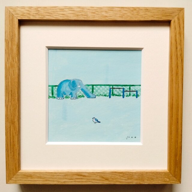 青い象のいる広場」原画 ※木製額縁入り（18㎝角）一点物 水彩 イラスト