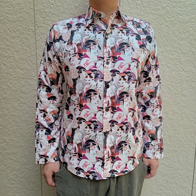 長袖和柄シャツ（猫美人）