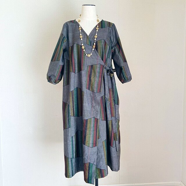 大島紬リメイク　カシュクール　Aラインワンピース